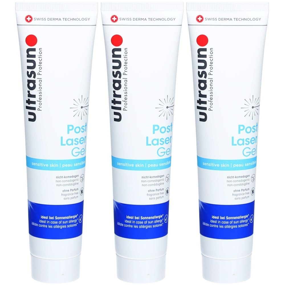 Drei Tuben mit weißem Hintergrund. Auf jeder Tube steht "ultrasun Post Laser Gel".