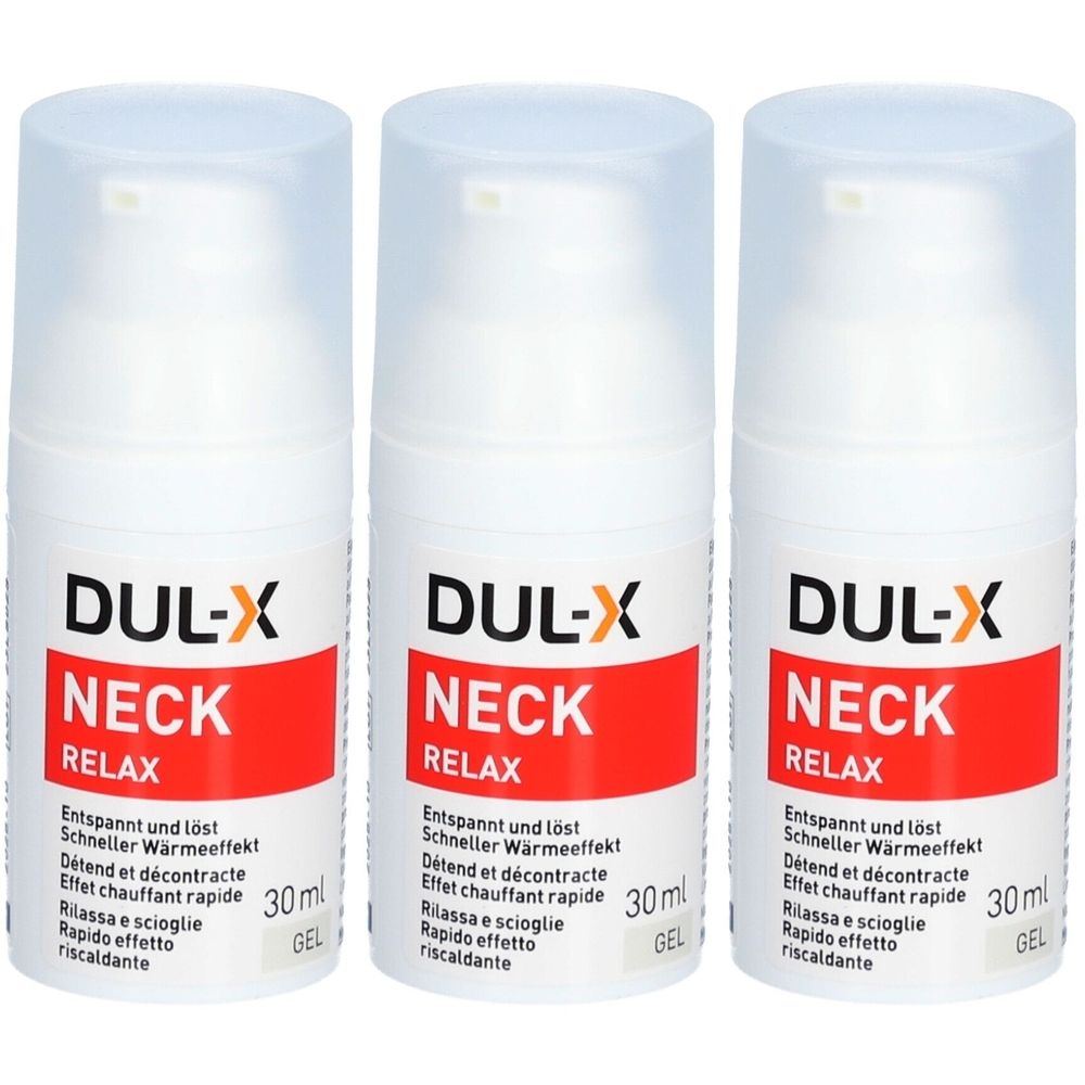 Drei weiße Flaschen mit Pumpverschluss. Auf jeder Flasche steht "DUL-X NECK RELAX" und weitere Produktinformationen.