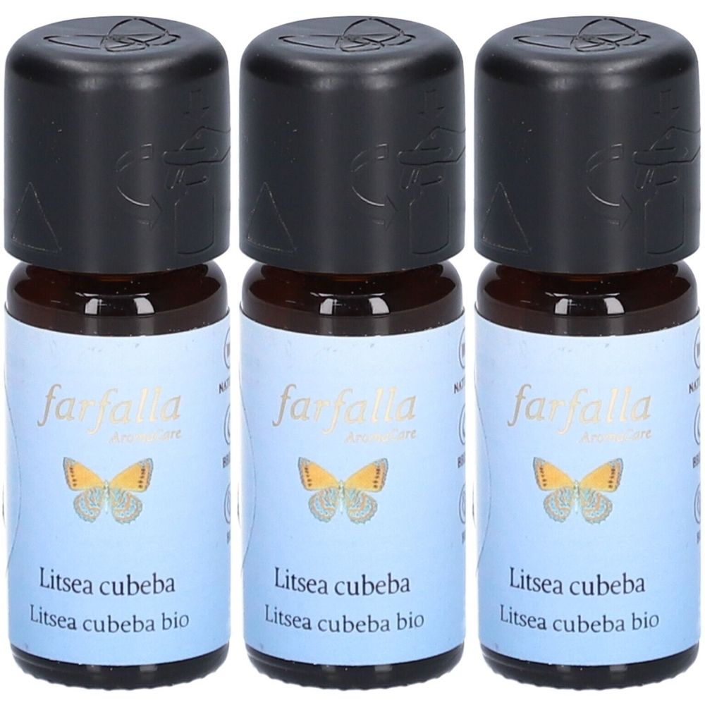 Drei kleine braune Flaschen mit schwarzen Deckeln. Auf den Etiketten steht "farfalla" und "Litsea cubeba bio".