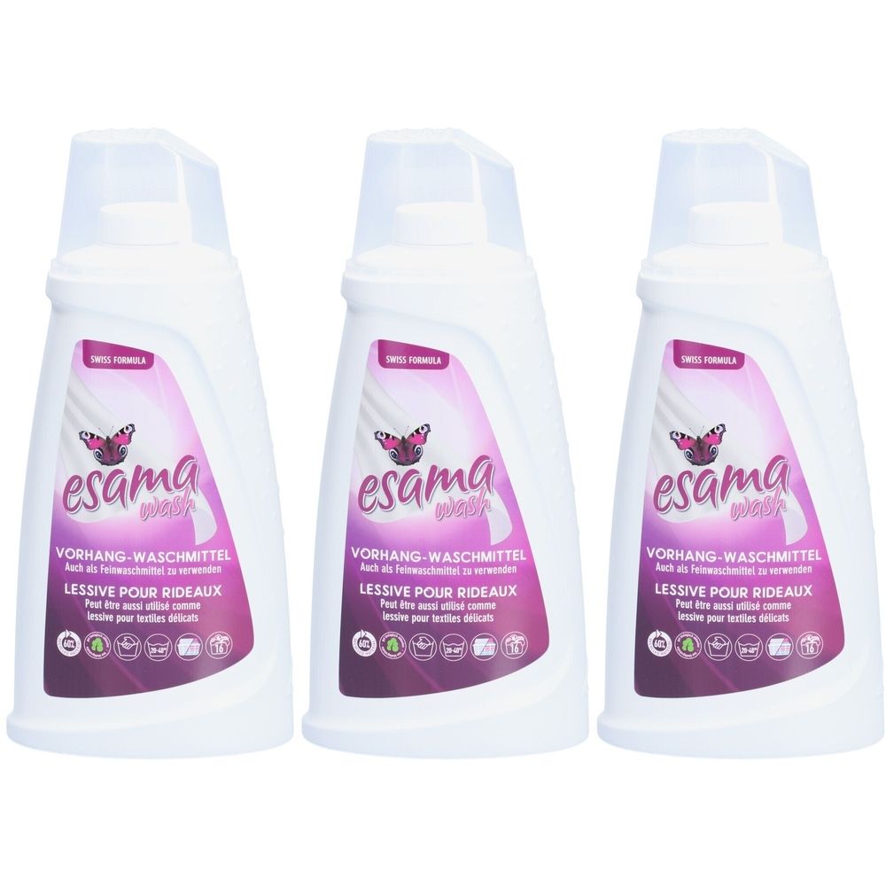 Drei weiße Flaschen mit lila Etiketten. Aufschrift: esama wash, Vorhang-Waschmittel, Lessive pour rideaux.
