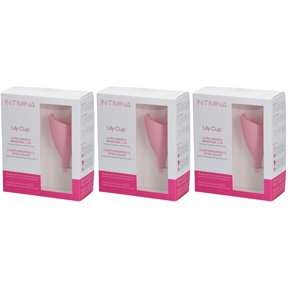 Trois boîtes de Intimina Lily Cup™ taille A. Chaque boîte présente une coupe menstruelle rose. Inscription : Intimina, Lily Cup, ultra-douce.