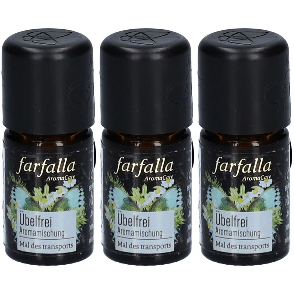 Trois petites bouteilles marron avec des bouchons noirs. Les étiquettes indiquent "farfalla AromaCare Übelfrei Aromamischung".