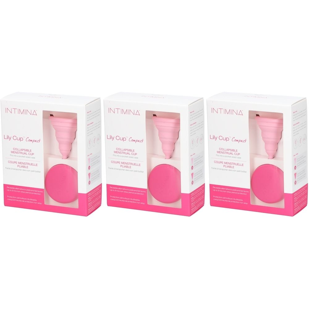 Drei Verpackungen mit rosa Menstruationstassen. Jede Packung zeigt eine zusammenklappbare Tasse und eine runde Scheibe. Der Markenname ist Intimina.
