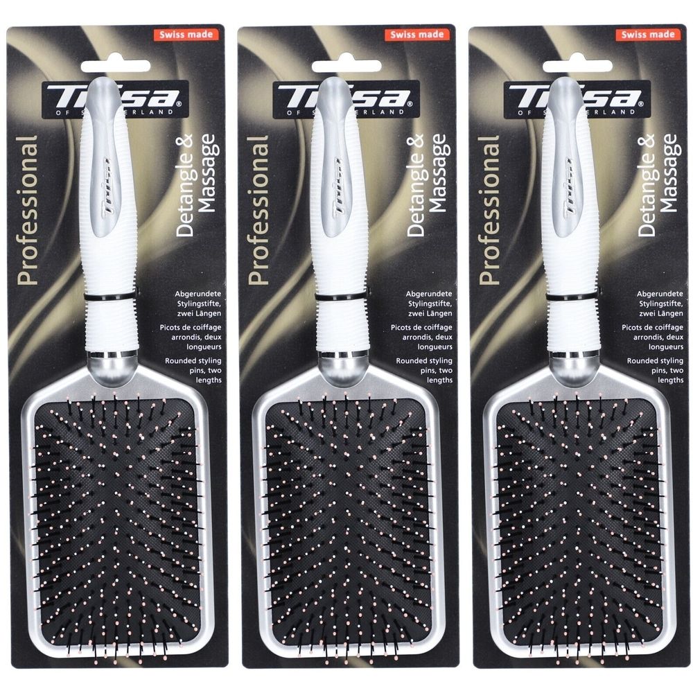 Drei Haarbürsten in Verpackung. Weiße Griffe, schwarze Borsten. Aufschrift: Tisa, Detangle & Massage, Professional.