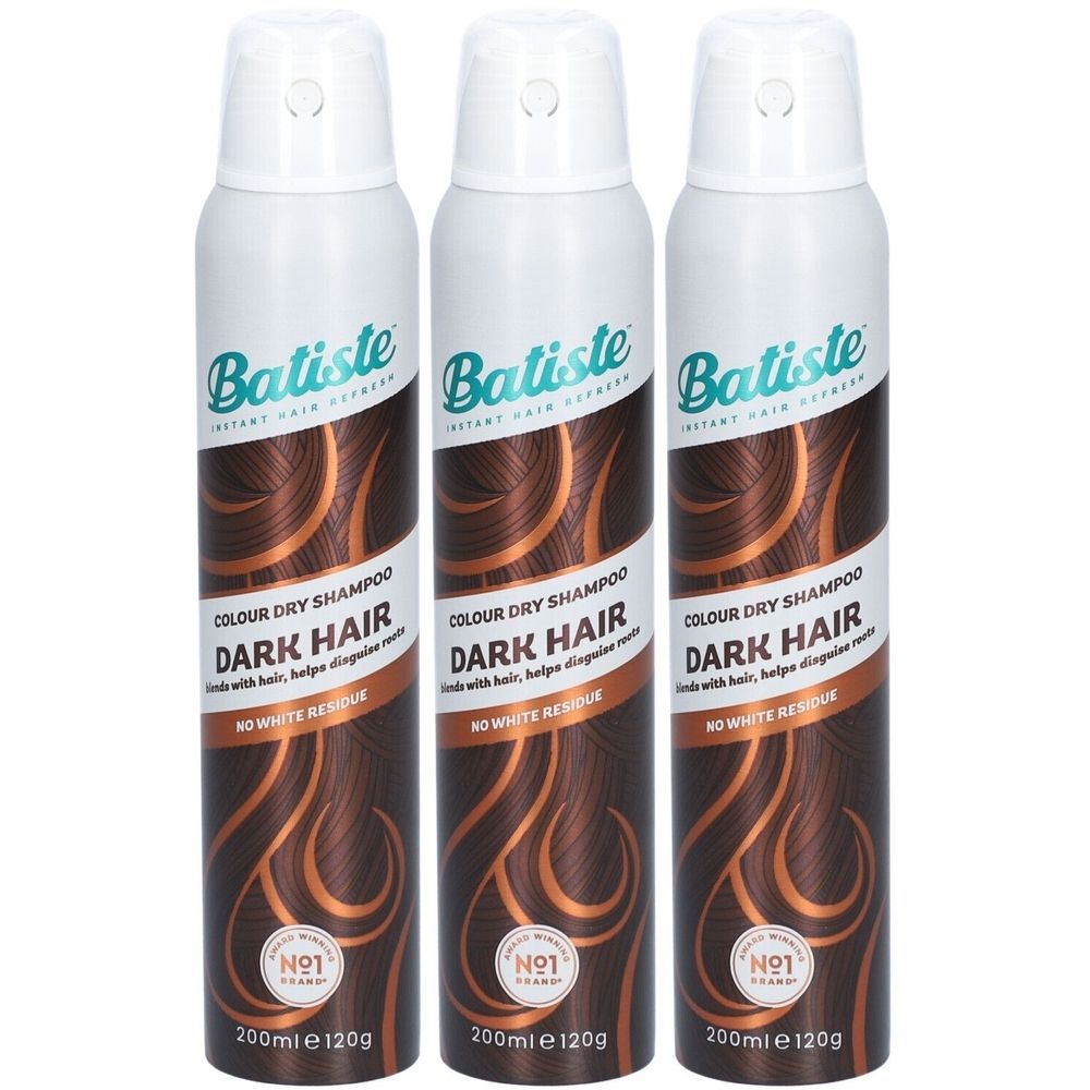 Drei Sprühflaschen Trockenshampoo. Aufschrift: Batiste, Colour Dry Shampoo, Dark Hair. Keine weißen Rückstände. 200ml, 120g.