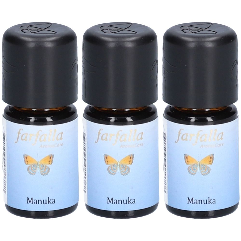 Trois petites bouteilles avec bouchons noirs. L'étiquette indique "farfalla", un papillon et "Manuka".