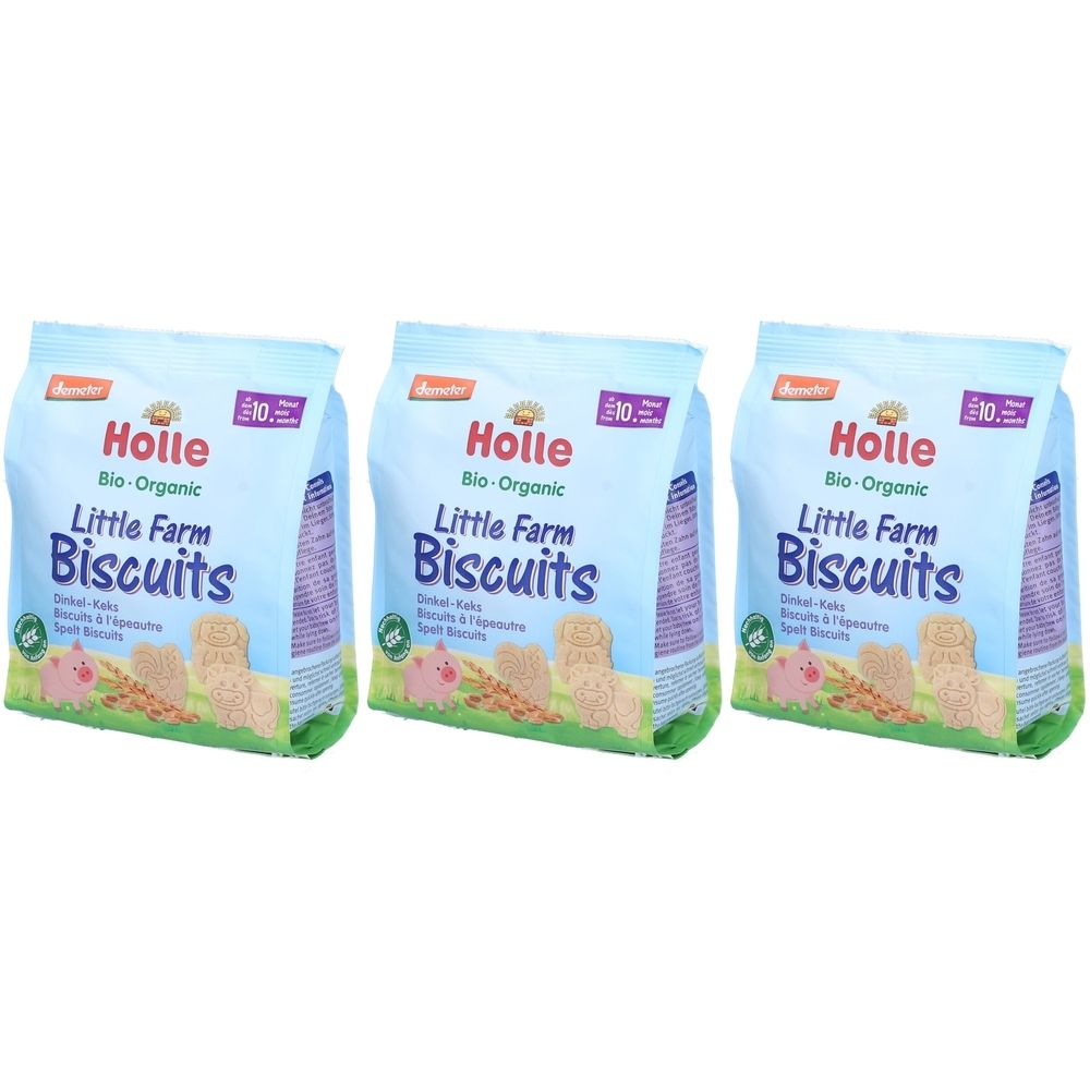Drei Beutel Holle Little Farm Biscuits. Hellblauer Hintergrund. Aufdruck: Bio-Organic, Kekse, Schwein- und Getreide-Illustrationen, 10+.
