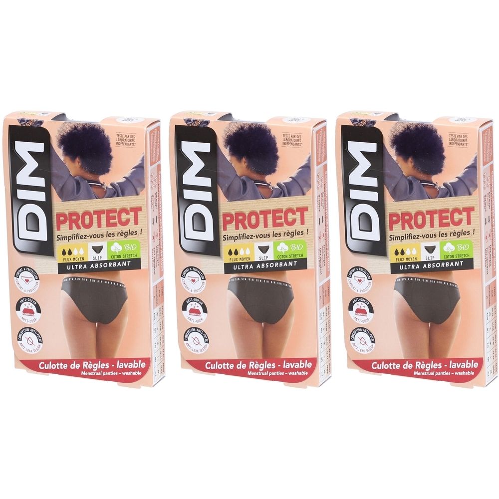 Drei Verpackungen von DIM Protect Periodenunterwäsche. Schwarze Unterwäsche auf der Verpackung abgebildet. Text: Ultra absorbierend, waschbar.