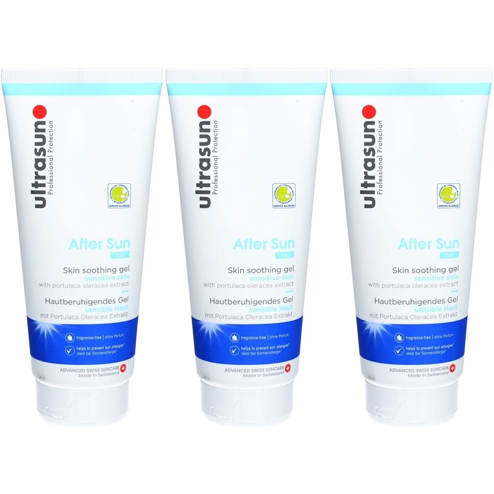 Drei Tuben After Sun Gel. Weiße Tuben mit blauer und roter Beschriftung. Text: After Sun, Skin soothing gel, Hautberuhigendes Gel.