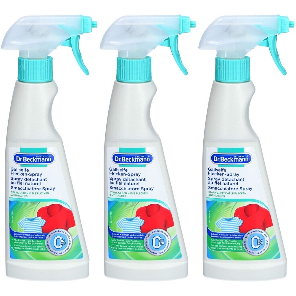 Drei weiße Sprühflaschen mit türkisfarbenen Elementen. Auf jeder Flasche steht "Dr. Beckmann Gallseife Flecken-Spray".