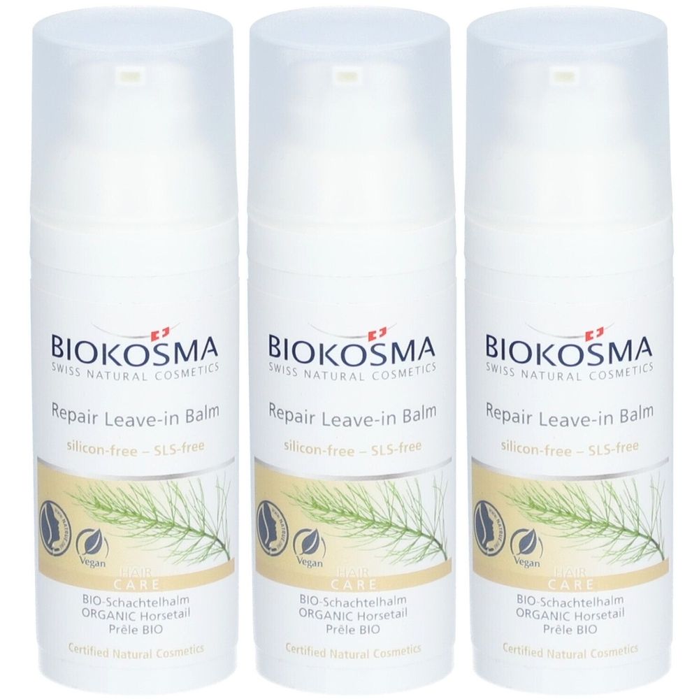 Drei weiße Spenderflaschen mit Deckel. Aufschrift: BIOKOSMA, Repair Leave-in Balm, vegan, Bio-Schachtelhalm.