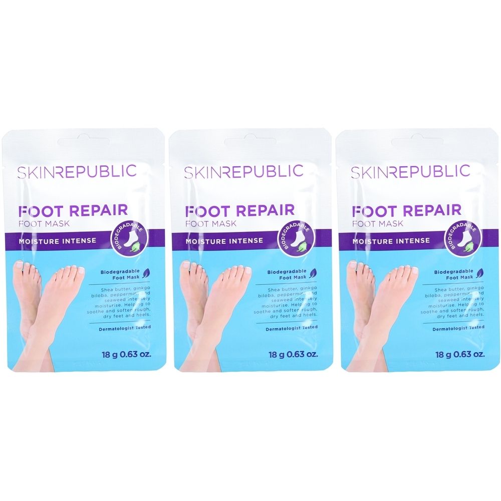 Trois emballages de masques pour les pieds. Inscription : SKIN REPUBLIC, FOOT REPAIR, FOOT MASK, MOISTURE INTENSE. Image de pieds. 18 g 0.63 oz.