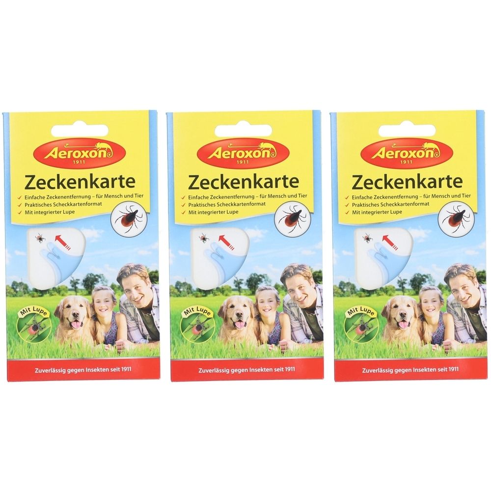 Drei Packungen AEROXON Zeckenkarte. Jede Packung zeigt eine Zecke, eine Lupe und eine Person mit Hund. Text: Einfache Zeckenentfernung.