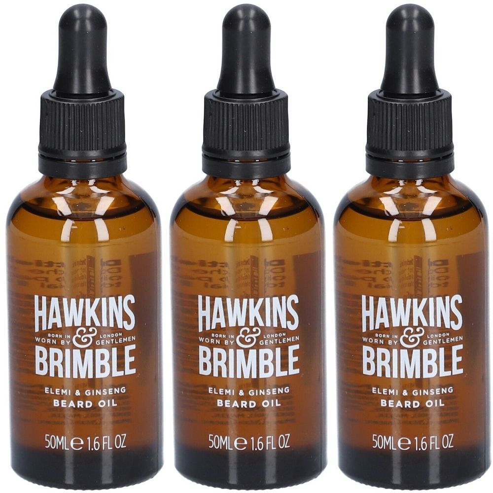 Drei Flaschen Bartöl. Braune Glasflaschen mit schwarzen Pipetten. Aufschrift: HAWKINS & BRIMBLE, ELEMI & GINSENG BEARD OIL.
