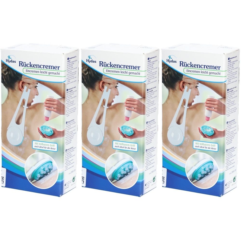 Drei Produktverpackungen mit dem Aufdruck "Rückencrémer". Auf jeder Verpackung ist eine Frau abgebildet, die sich den Rücken eincremt.