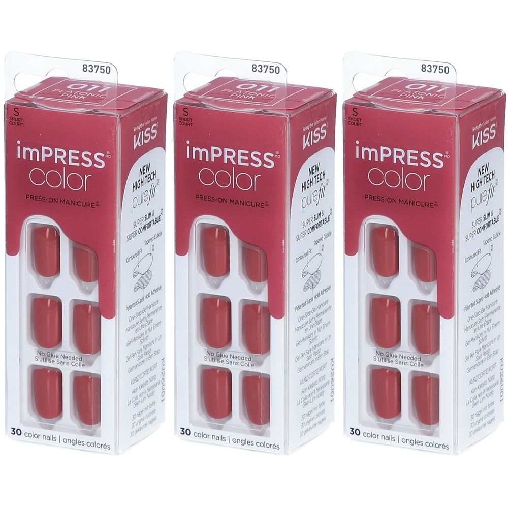 Drei Packungen Kiss imPRESS Color Press-on Nägel. Rote Nägel in Kartonverpackung. Marke und Produktbezeichnung sichtbar.