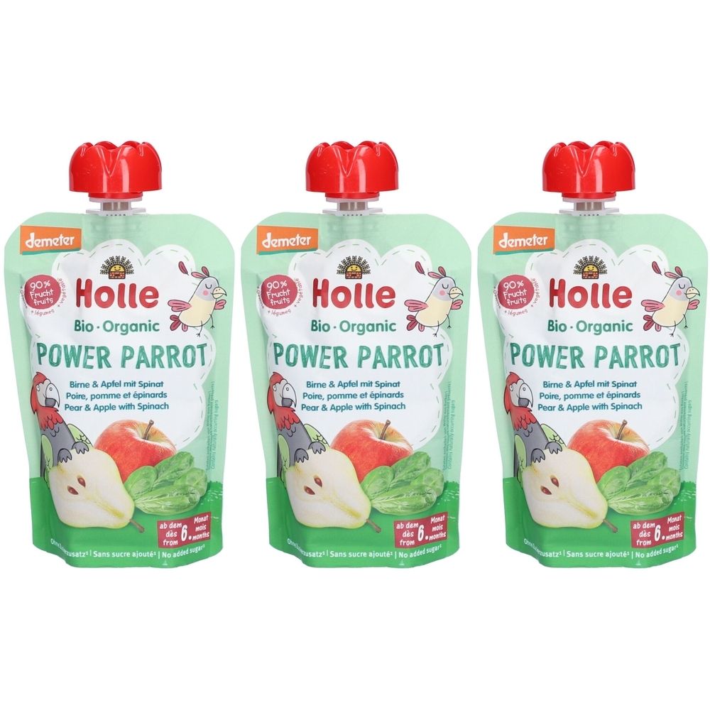Drei Holle Bio-Organic Power Parrot Quetschbeutel. Aufdruck mit Birne, Apfel, Spinat. Roter Verschluss.