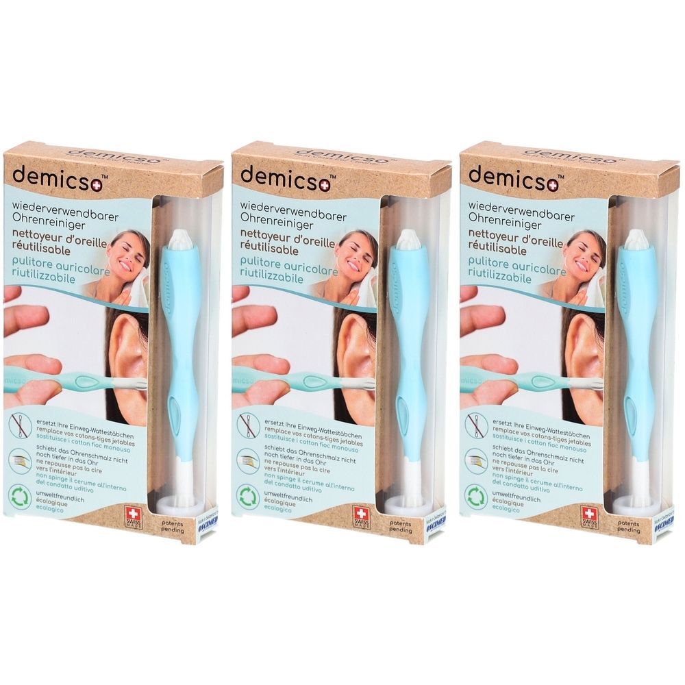 Drei Ohrreiniger in Verpackung. Hellblaue Griffe, weiße Spitzen. Aufschrift: demicso, wiederverwendbar.