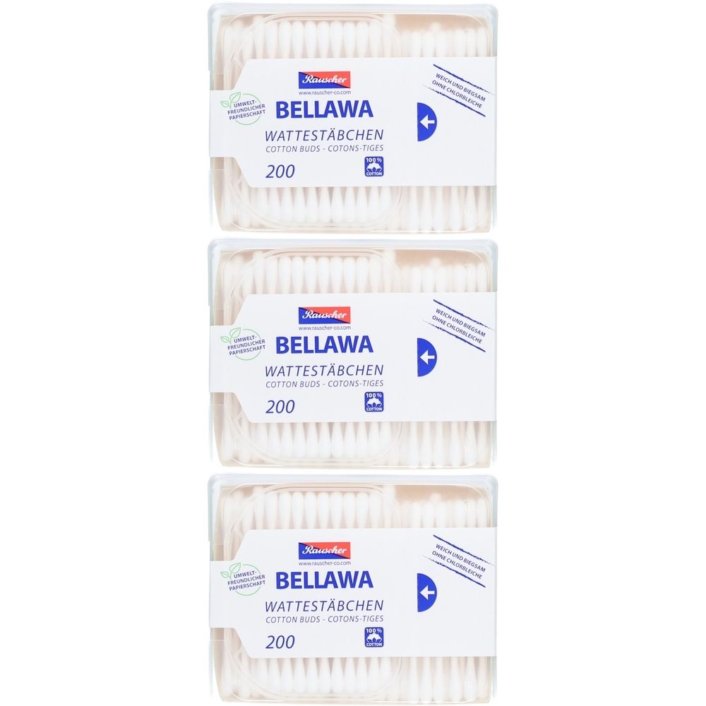 Drei Packungen Wattestäbchen. Jede Packung enthält 200 Stück. Aufschrift: BELLAWA WATTESTÄBCHEN.