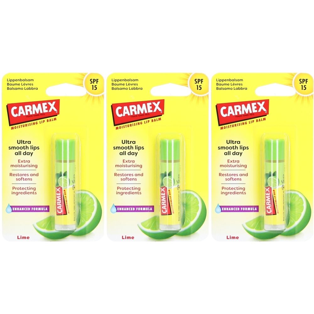 Drei CARMEX Lippenbalsam-Packungen mit Limetten-Motiv. Gelbe Verpackung mit Produktnamen und SPF15. Die Lippenbalsam-Stifte sind in einer durchsichtigen Hülle.