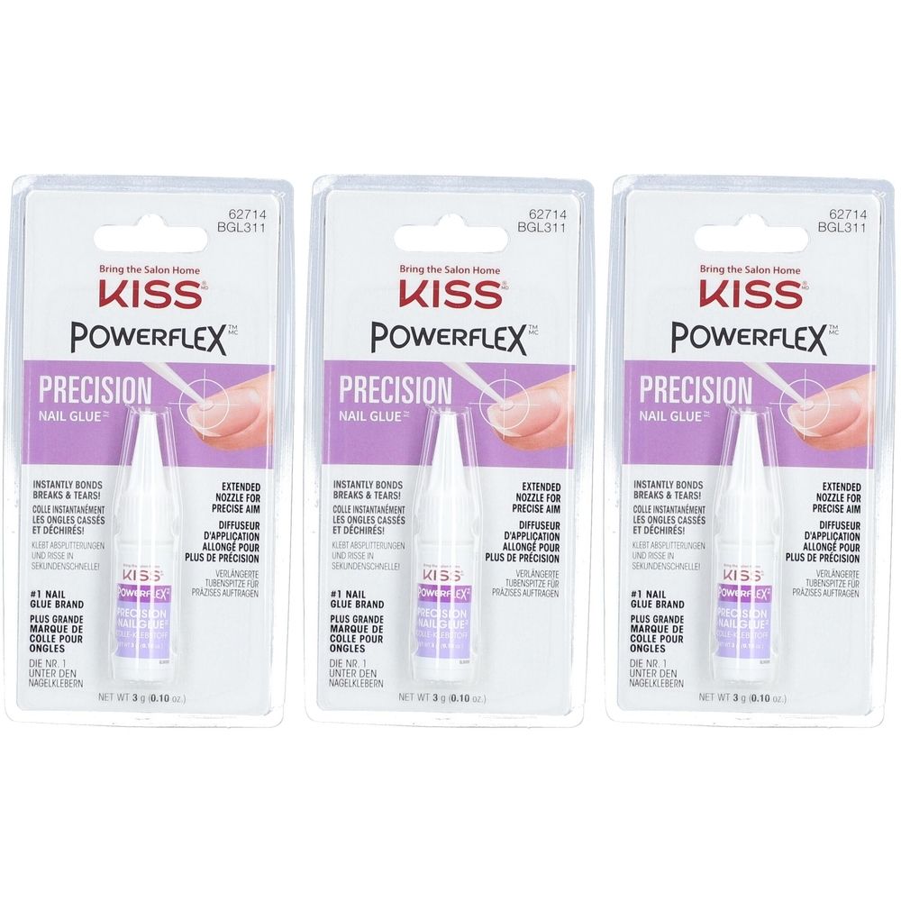 Drei Packungen KISS PowerFlex Präzisions-Nagelkleber. Jede Packung enthält eine Flasche Kleber in einer Blisterverpackung.