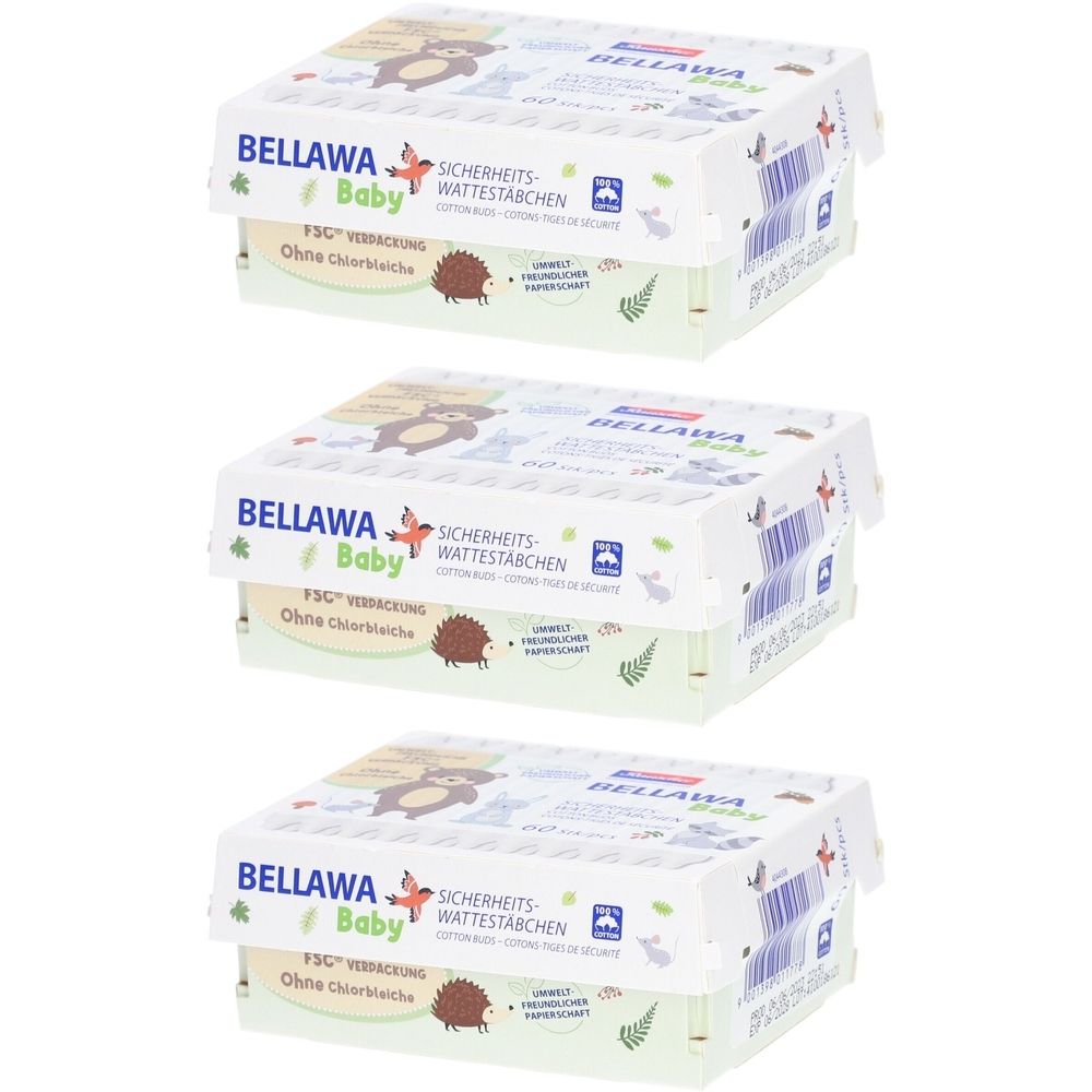 Drei Packungen Wattestäbchen. Aufschrift: BELLAWA Baby, FSC-Verpackung, Ohne Chlorbleiche. Illustrationen: Igel, Hase, Blätter.
