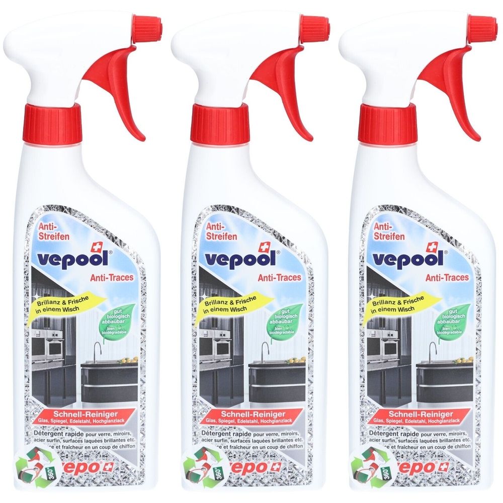 Drei weiße Sprühflaschen mit rotem Sprühkopf. Aufschrift: vepool Anti-Streifen Anti-Traces Schnell-Reiniger.
