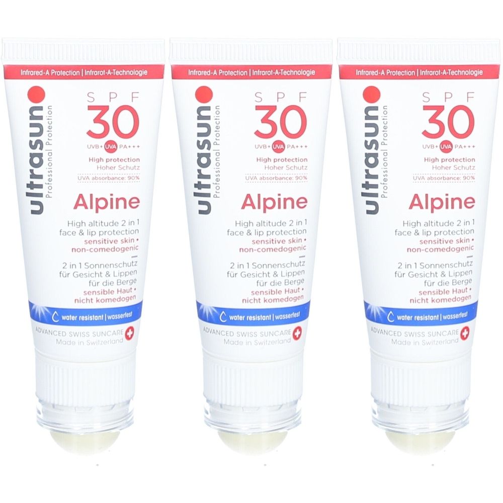 Drei Tuben Ultrasun Alpine Sonnenschutz SPF 30. Weiß-blaue Verpackung mit roter Schrift. Enthält Text wie 'High altitude 2 in 1 face & lip protection'.
