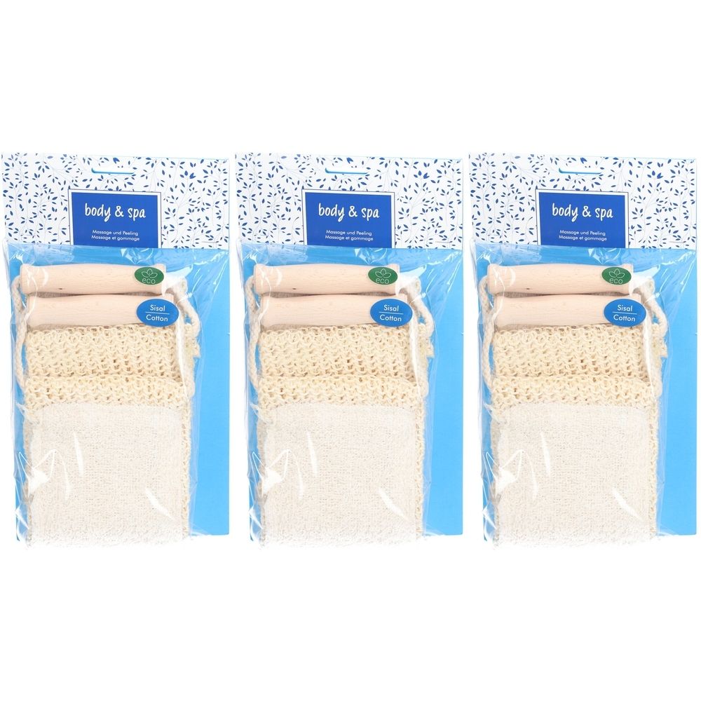 Drei Herba® Rückengürtel in Verpackung. Holzgriffe, Naturfaser-Bürsten. Aufschrift: body & spa, Sea Cotton.
