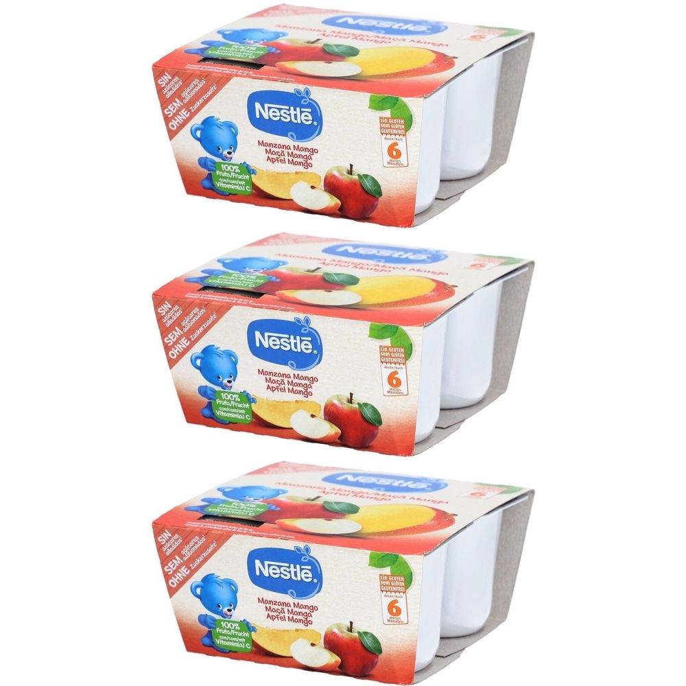 Drei Packungen Nestlé Fruchtbecher. Jede Packung enthält 6 Becher. Aufdruck: Apfel Mango ab 6 Monaten. Logo und Bär.