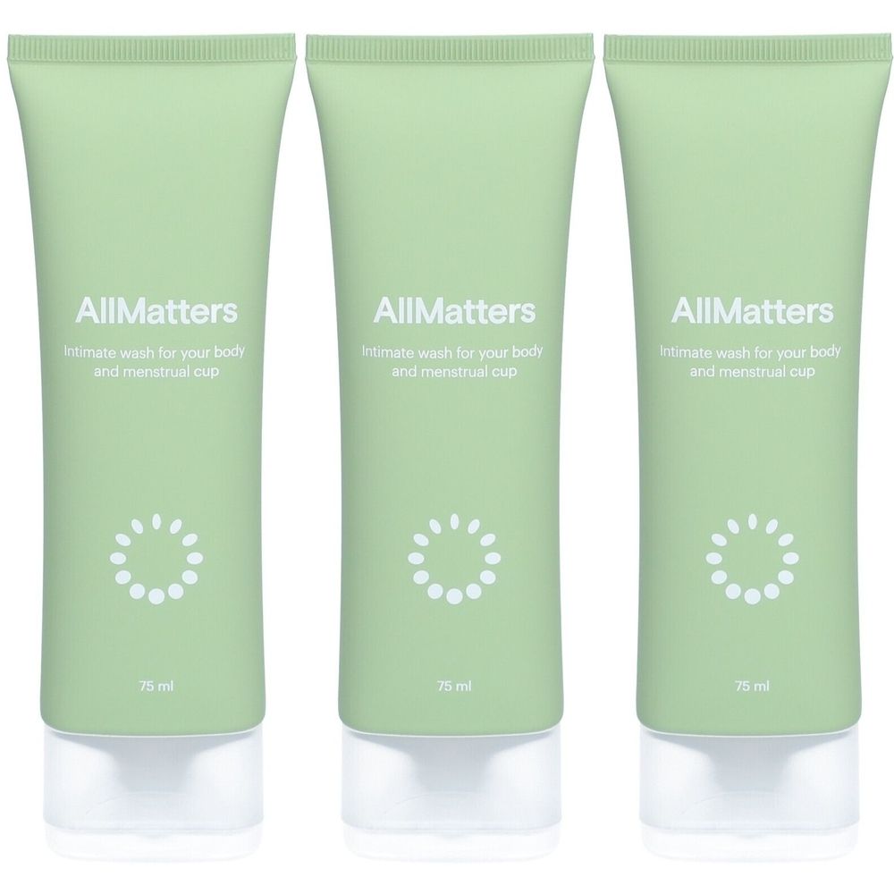 Drei grüne Tuben mit weißem Aufdruck. Auf jeder Tube steht "AllMatters" und "Intimate wash for your body and menstrual cup".