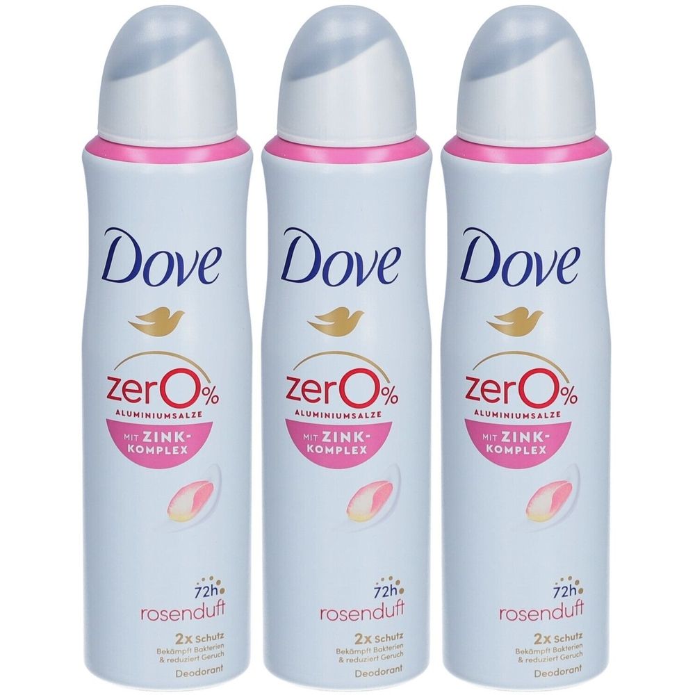 Drei Deosprays mit weißem Korpus, rosa Akzenten und silbernem Deckel. Aufschrift Dove, zero% Aluminiumsalze, Zink-Komplex, Rosenduft.