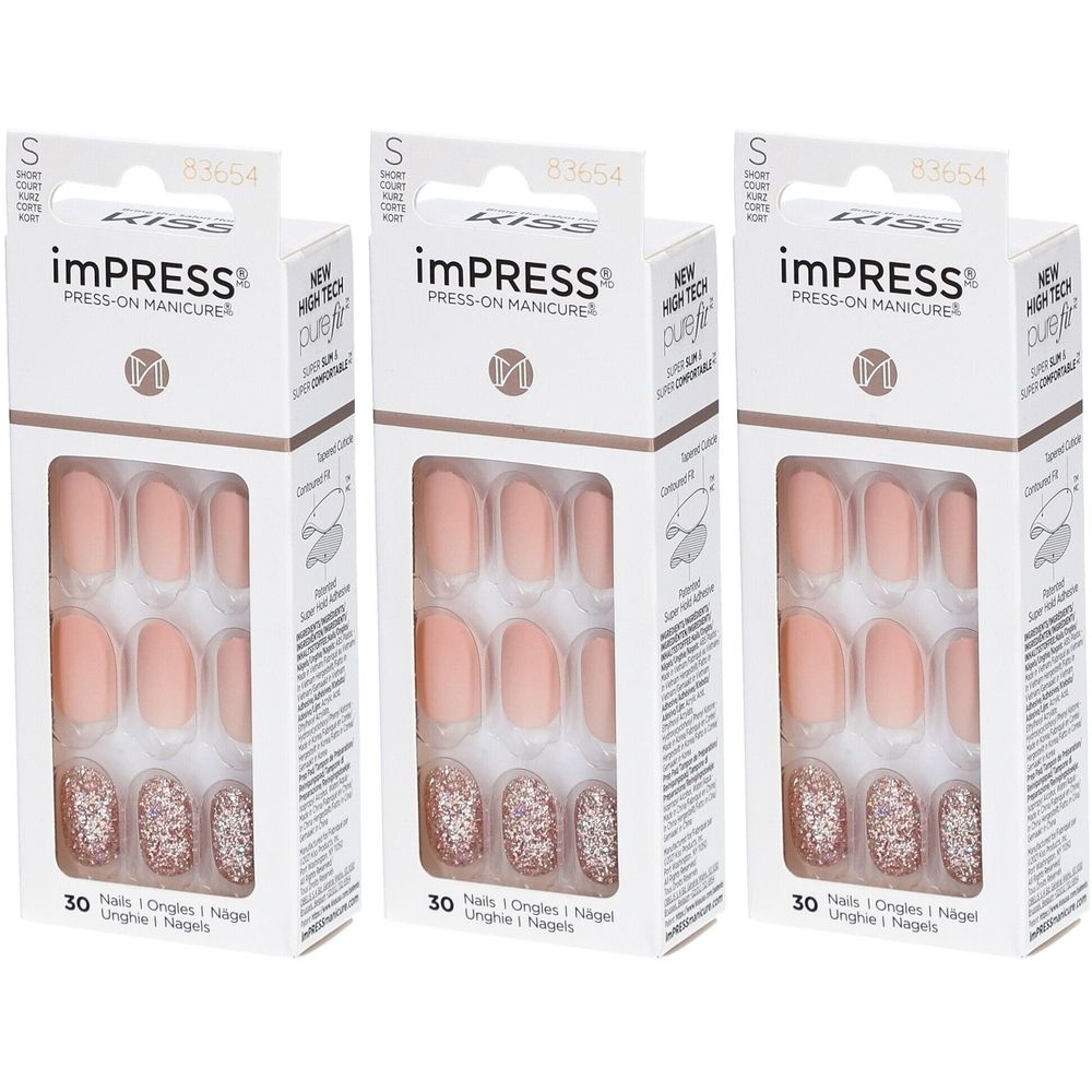 Drei Packungen imPRESS Press-on Nägel. Jede Packung enthält 30 Nägel in Rosa- und Glitzerfarben.