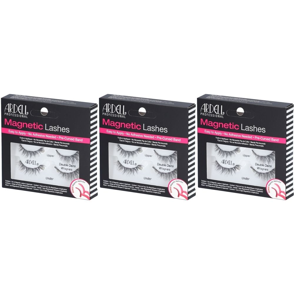 Drei Packungen mit künstlichen Wimpern. Schwarze Verpackung mit weißer Schrift und rosa Akzenten. Marke: Ardell.