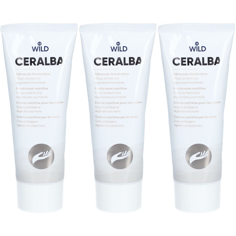 Drei Tuben Handcreme. Auf jeder Tube steht "CERALBA" und "WILD". Darunter Text in mehreren Sprachen und ein Hand-Symbol.