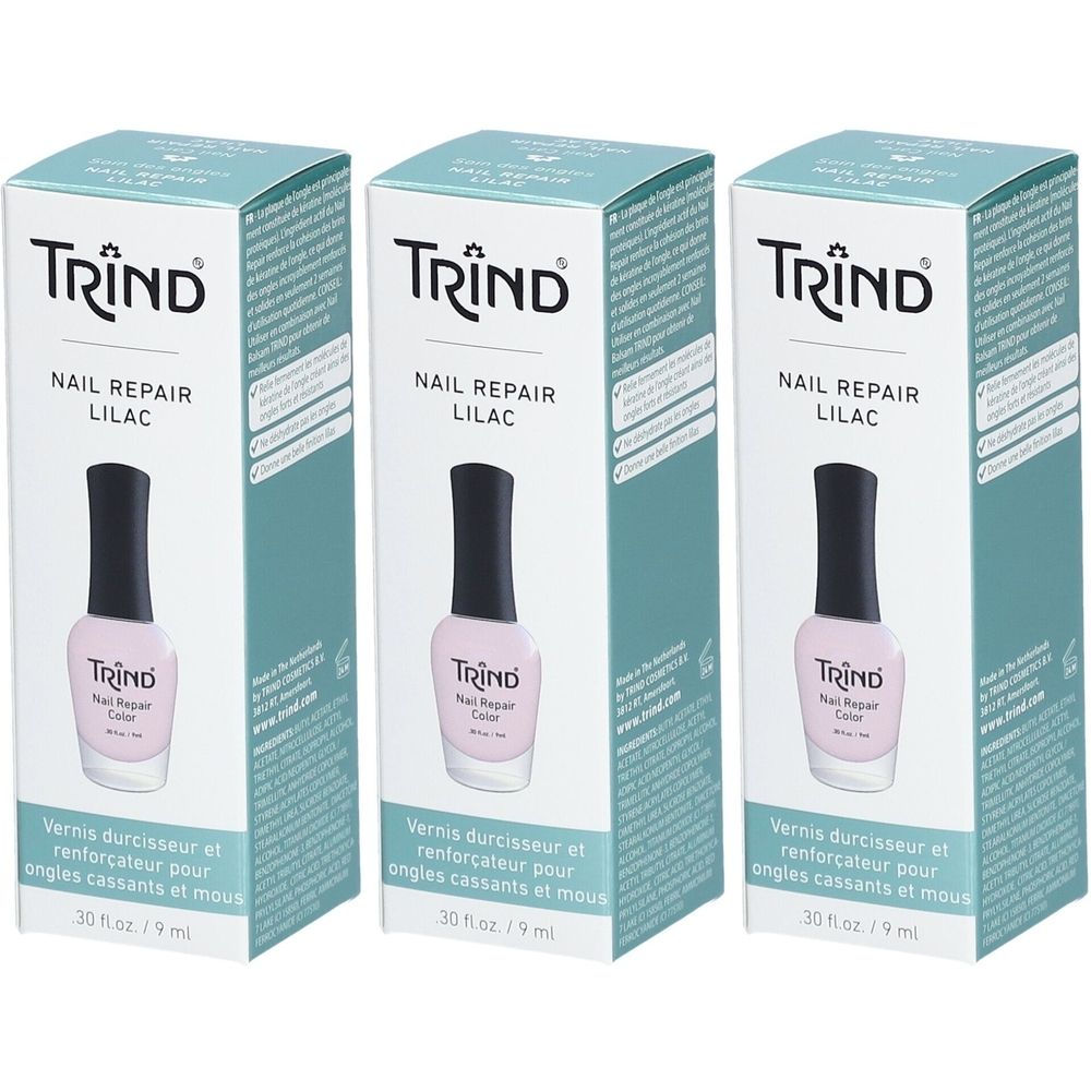 Drei Schachteln mit Nagellack. Auf jeder Schachtel steht "TRIND NAIL REPAIR LILAC". Die Flaschen sind rosa mit schwarzem Deckel.