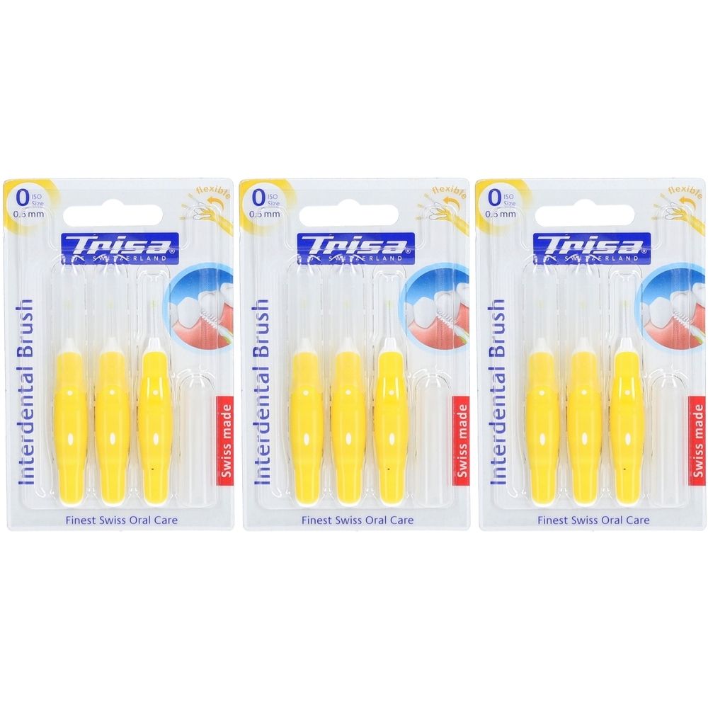 Drei Packungen Trisa Interdentalbürsten. Gelbe Griffe, weiße Borsten. Verpackung mit Produktnamen und "Swiss made".