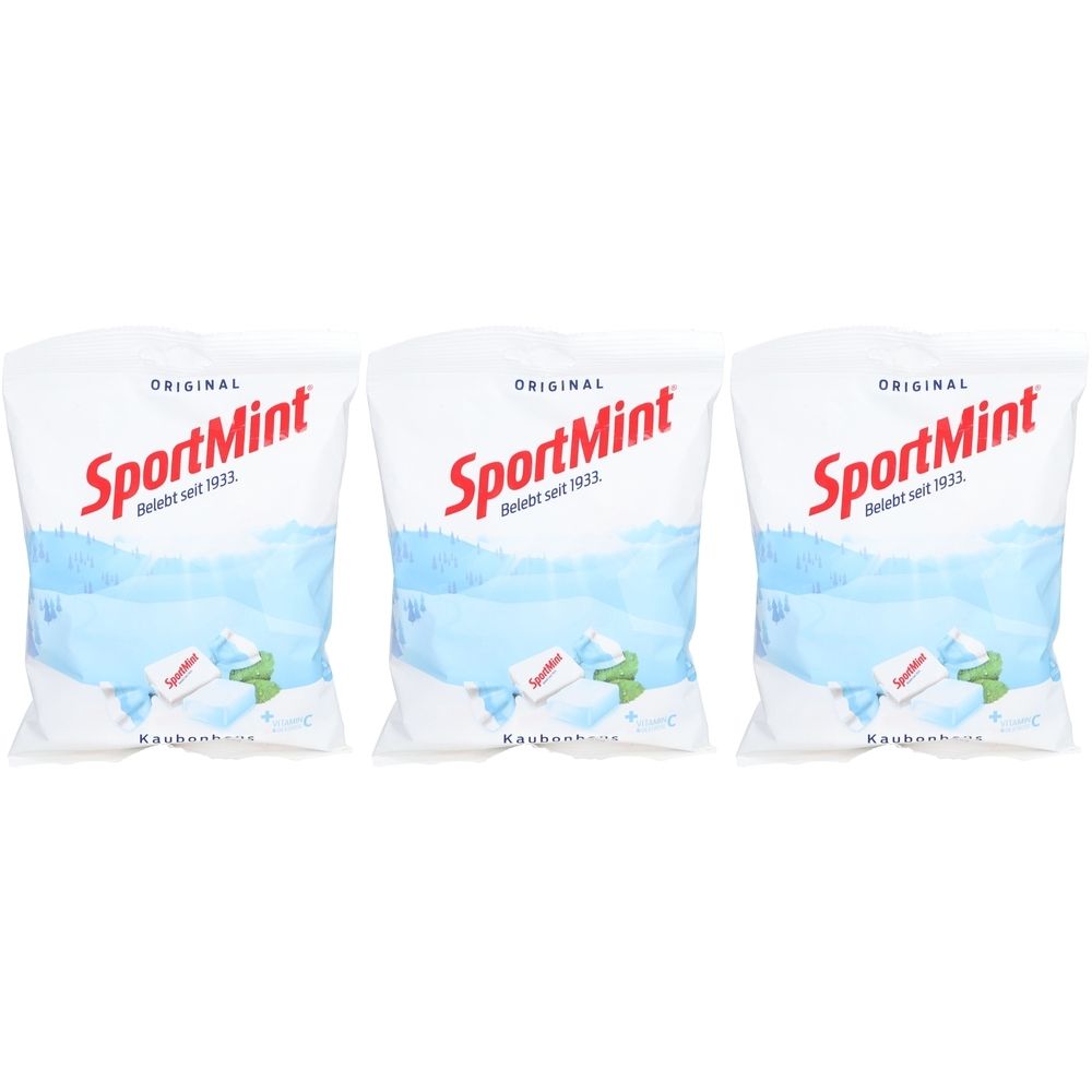 Drei Beutel mit "SportMint"-Bonbons. Weißes Verpackungsdesign mit rotem Logo und blauem Hintergrund. "Belebt seit 1933" ist ebenfalls sichtbar.