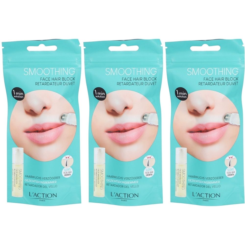 Drei Beutel mit Produkt. Aufschrift: SMOOTHING FACE HAIR BLOCK RETARDATEUR DUVET. Darunter eine Abbildung eines Gesichts. Darunter eine Flasche.