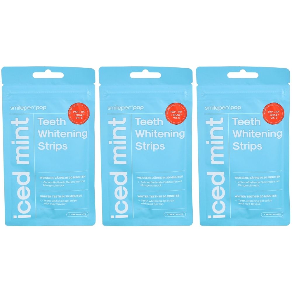 Drei Packungen SMILEPEN Pop Zahnaufhellungsstreifen Iced Mint. Hellblaue Verpackung mit Produktbezeichnung und rotem Aufkleber.