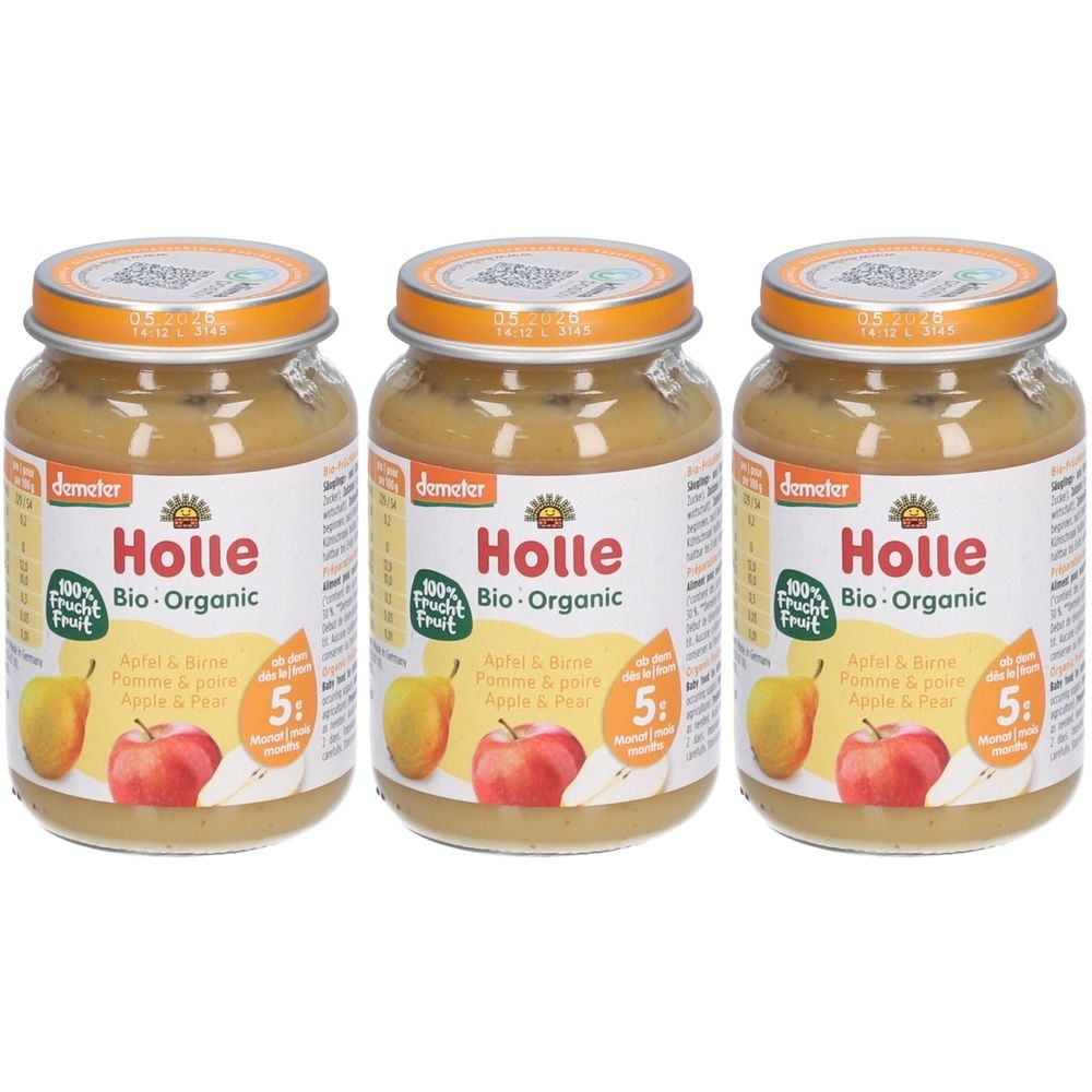 Trois pots de Holle Bio-Pomme et Poire. Pots en verre avec couvercles, étiquettes avec logo, illustration de pomme et poire, inscription 'Bio-Organic'.