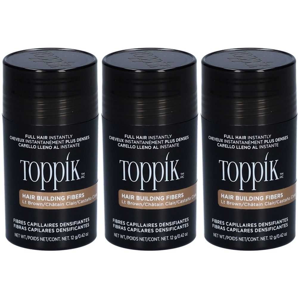 Drei schwarze Behälter mit dem Aufdruck "Toppik Hair Building Fibers". Text in Englisch, Französisch und Spanisch. Deckel mit Rillen.