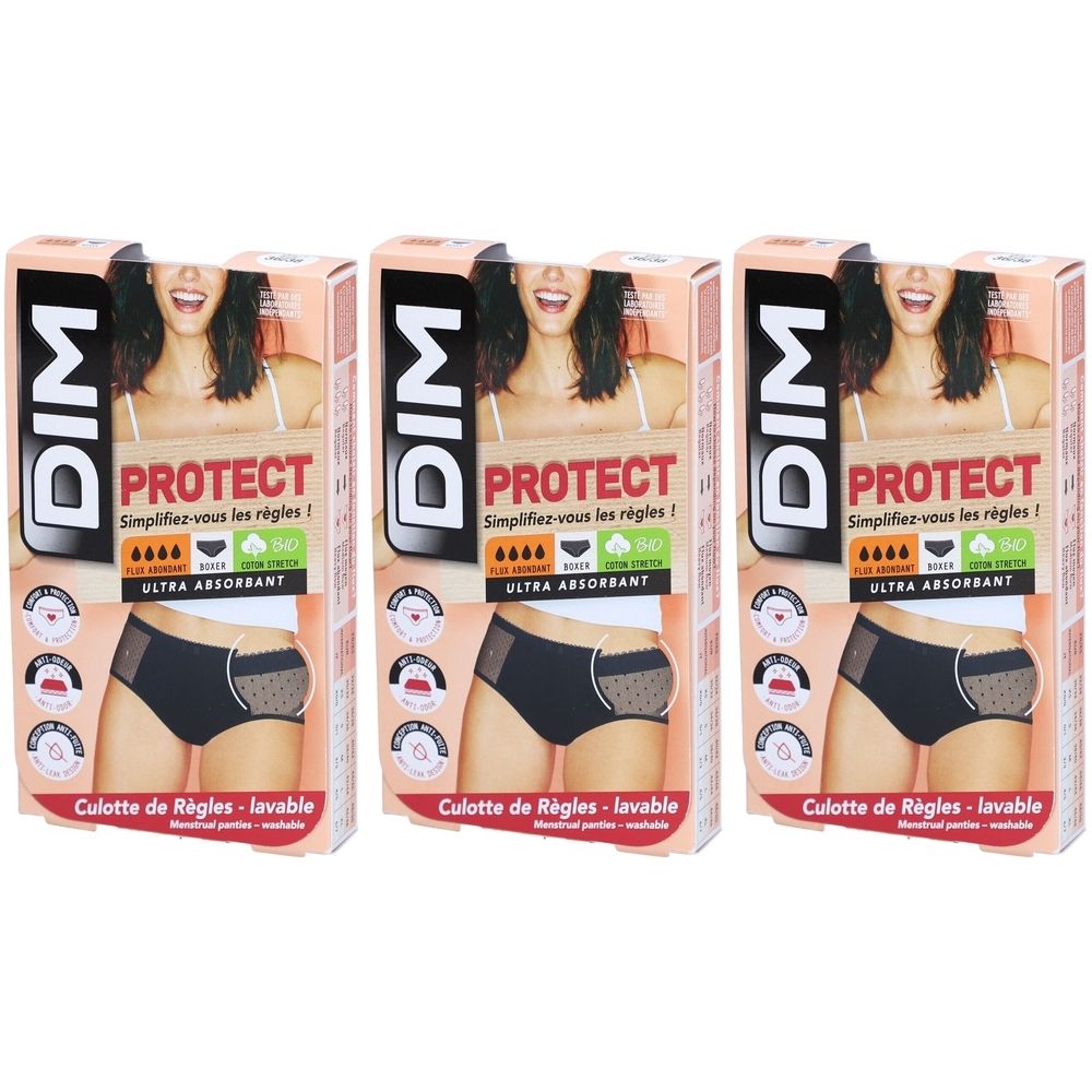 Drei DIM Protect Menstruationshöschen-Verpackungen. Schwarze Boxer-Hose mit Spitze, ultra-saugfähig. Aufschrift: Culotte de Règles - lavable.