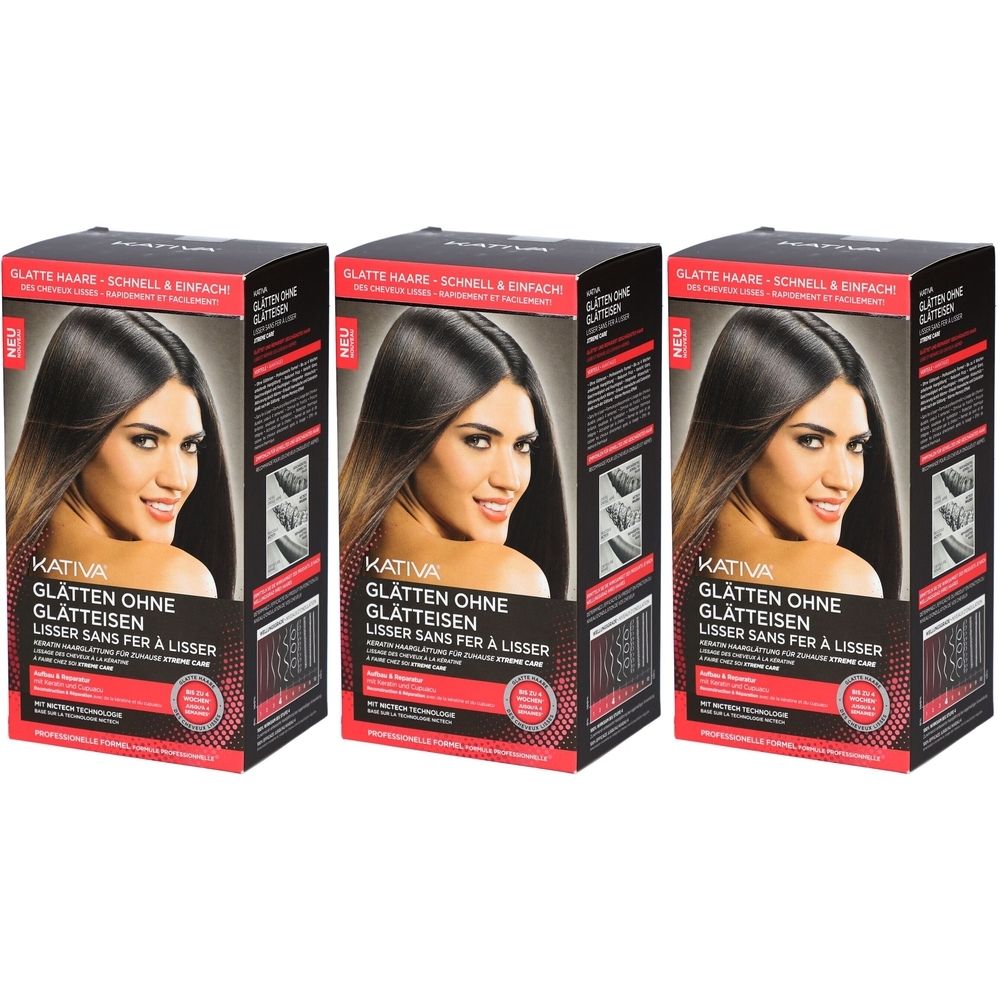 Drei Produktverpackungen mit dem Produktnamen Kativa Glätten Ohne Glätteisen. Auf jeder Verpackung ist eine Frau abgebildet.