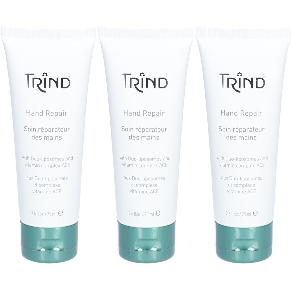 Drei Tuben Handcreme. Aufschrift: TRIND Hand Repair. Text in Französisch. Untertitel: Mit Duo-Liposomen und Vitamin-Komplex ACE.