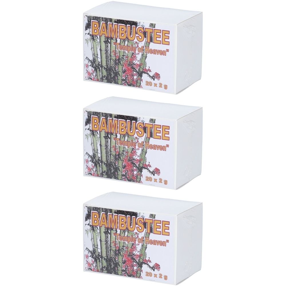 Drei weiße Kartons mit Aufdruck. Aufdruck: BAMBUSTEE, Bambus- und Blütenmotiv, Schriftzug "Temple of Heaven", 20 x 2 g.