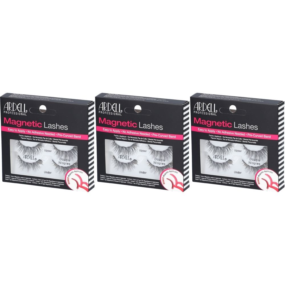 Drei Schachteln mit Ardell Magnetic Lashes. Schwarze Verpackung mit rosa Akzenten. Wimpern sind sichtbar.