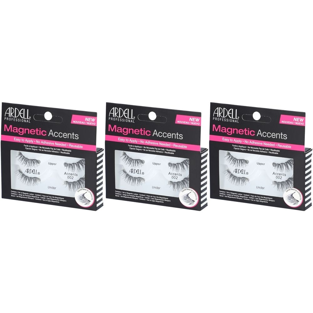 Drei Packungen mit künstlichen Wimpern. Schwarze Verpackung mit rosa Akzenten. Marke: Ardell Magnetic Accents.