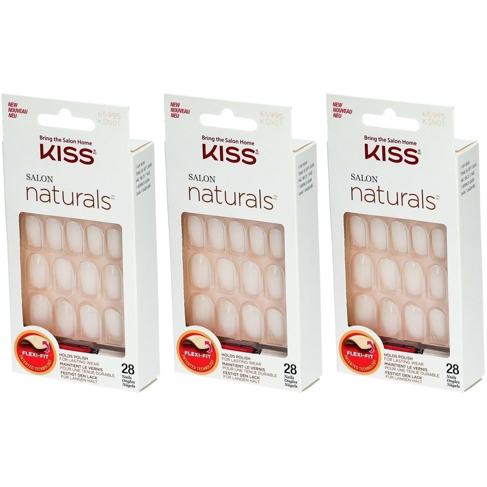 Drei Packungen Kunstnägel. Marke: Kiss Salon Naturals. Weiße Nägel in Verpackung mit 28 Nägeln. Flexi-Fit-Technologie.