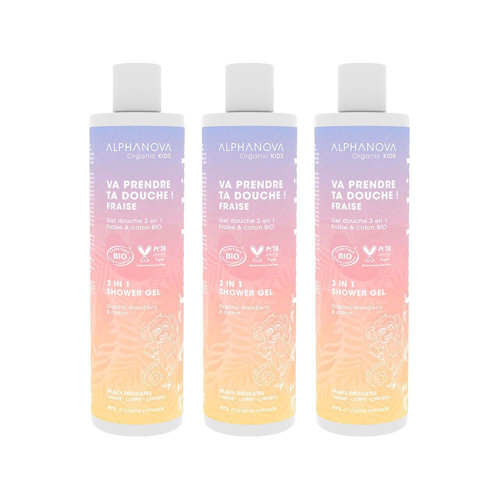Drei Flaschen Duschgel. Aufschrift: ALPHANOVA, VA PRENDRE TA DOUCHE! FRAISE, 3 IN 1 SHOWER GEL. Bio-Zertifizierung.
